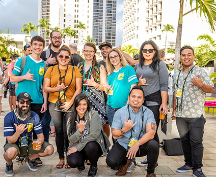 Group of smiling JSConf Hawai'i 2019 attendees